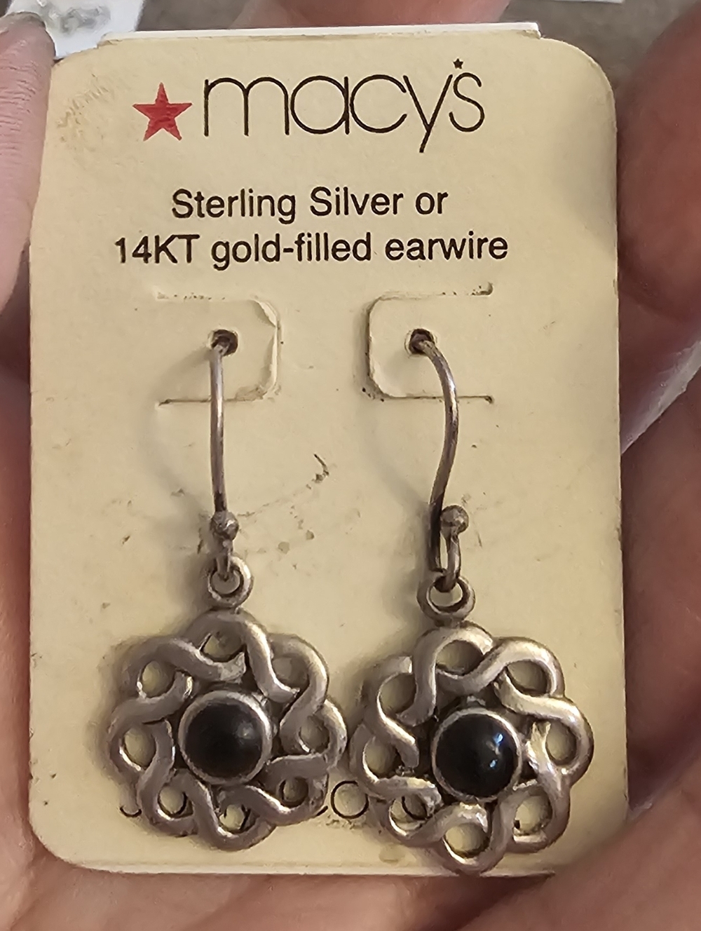 Clearance Sale! Silver Floral Drop Earrings with Black Centers